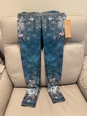 Niyama Sol Buddha Garden Teal Floral Leggings with Pink & White Accents